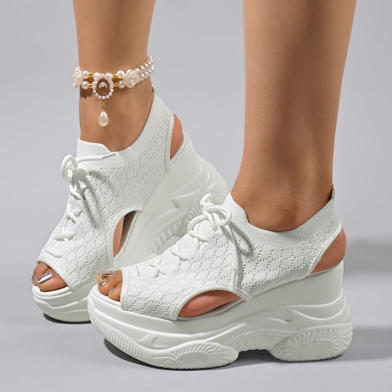 Fly-Woven Mesh Wedge Sandals Summer Fish Mouth High Heels Casual Small People Large Size Roman Sandals - Image 4