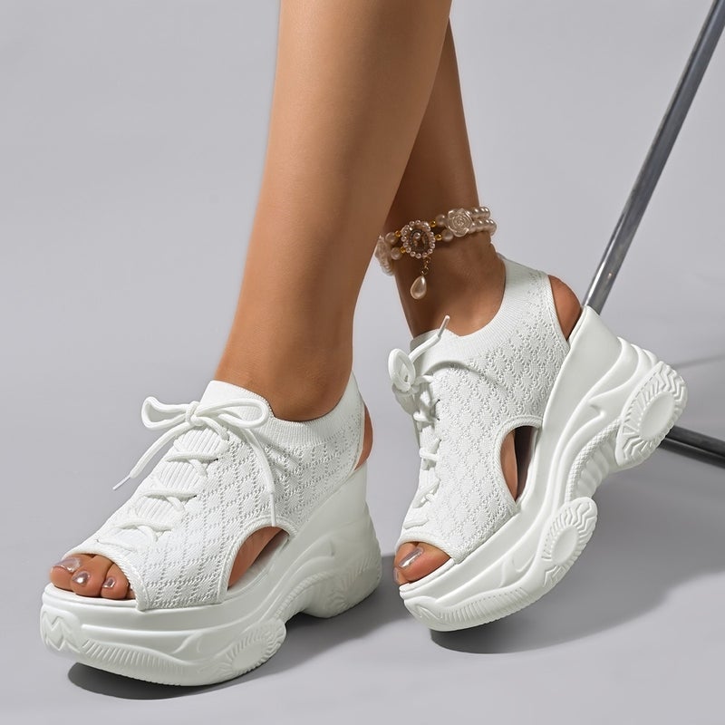 Fly-Woven Mesh Wedge Sandals Summer Fish Mouth High Heels Casual Small People Large Size Roman Sandals - Image 2