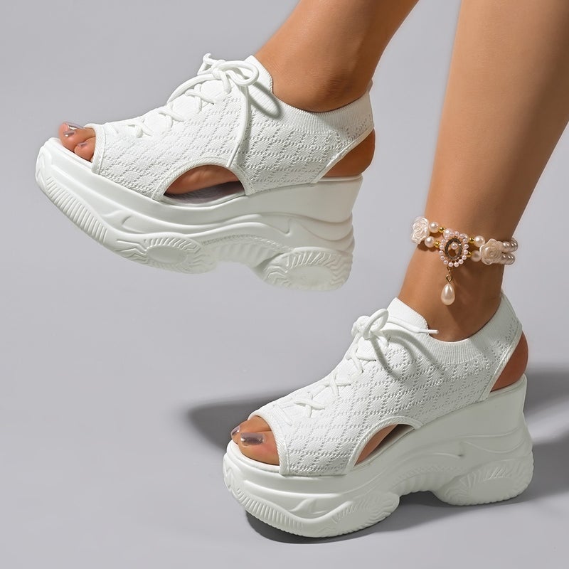 Fly-Woven Mesh Wedge Sandals Summer Fish Mouth High Heels Casual Small People Large Size Roman Sandals - Image 5