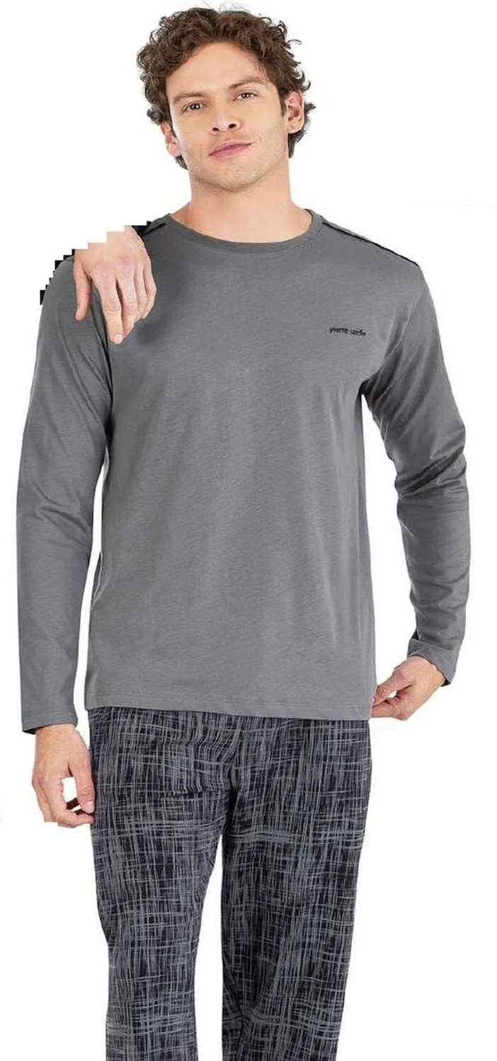 بيير كاردان 6065 Men's Gray Long Sleeve Round Neck Pajama Set