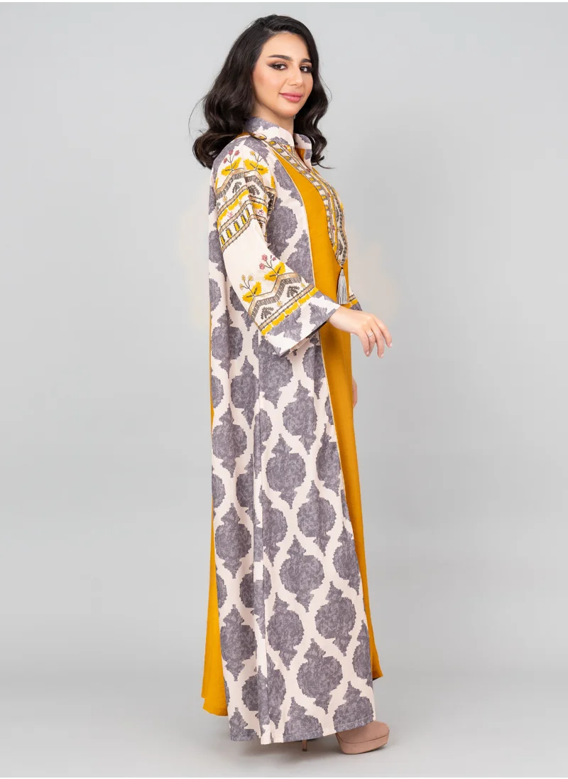 IKKXA Embroidered Solid Jalabiya with Stylish Mandarin Collar IK3002 Beige