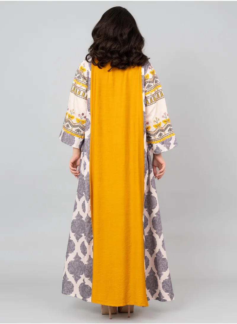 IKKXA Embroidered Solid Jalabiya with Stylish Mandarin Collar IK3002 Beige