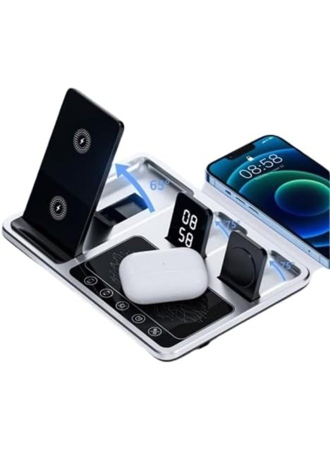 جينيكست شاحن لاسلكي متعدد الوظائف R11 4 في 1، محطة شحن محمولة قابلة للطي مع شاشة رقمية وإضاءة بيضاء ووظيفة الوقت - Image 1