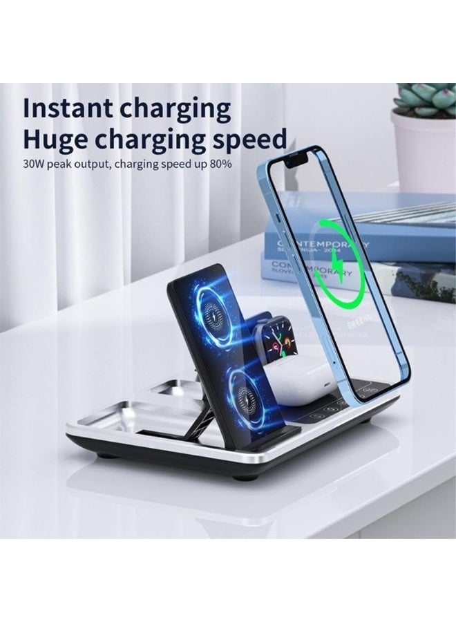 جينيكست شاحن لاسلكي متعدد الوظائف R11 4 في 1، محطة شحن محمولة قابلة للطي مع شاشة رقمية وإضاءة بيضاء ووظيفة الوقت - Image 5