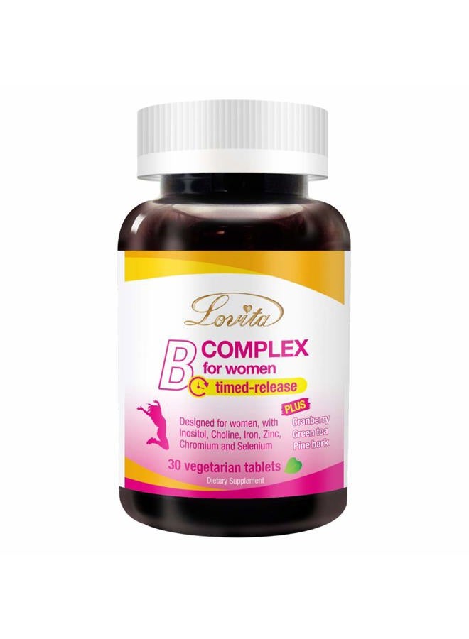 Lovita B Complex Supplement for Women - High Potency Timed Release with Iron, Vitamin C, Cranberry, Pine Bark, Green Tea, 30 Vegetarian Tablets - Image 1