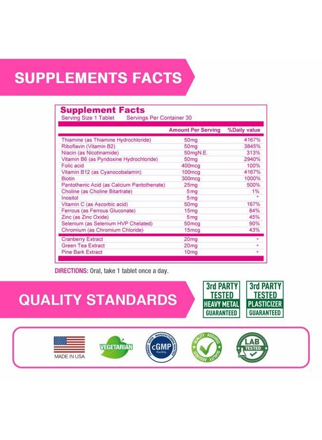 Lovita B Complex Supplement for Women - High Potency Timed Release with Iron, Vitamin C, Cranberry, Pine Bark, Green Tea, 30 Vegetarian Tablets - Image 3