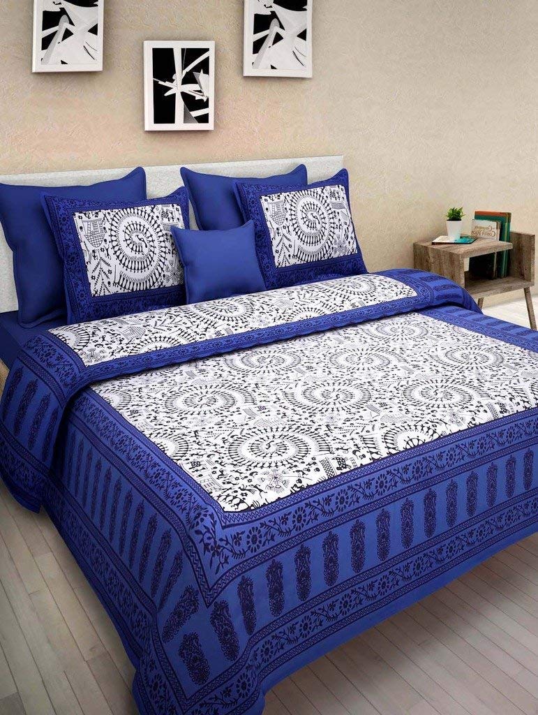 BedZone 100% Cotton,Fast Color, Comfort Rajasthani Jaipuri Traditional King Size Double Bedsheets with Pillow Covers. Multi08 - Image 1