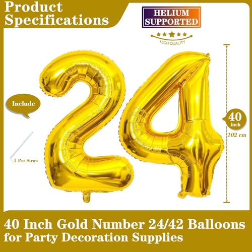 Lovoir Gold 24 Number Balloons 40 Inch Giant Number 24 Balloons Foil Mylar Helium Gold Number Balloons for 24th Birthday Party Supplies Anniversary Event Celebration Decorations - Image 5