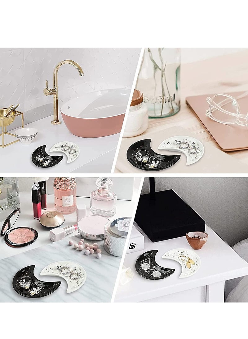 Small Moon Jewelry Dish Tray Decorative Ceramic Trinket Dish Modern Accent Tray for Vanity 2pcs White and Black - Image 4