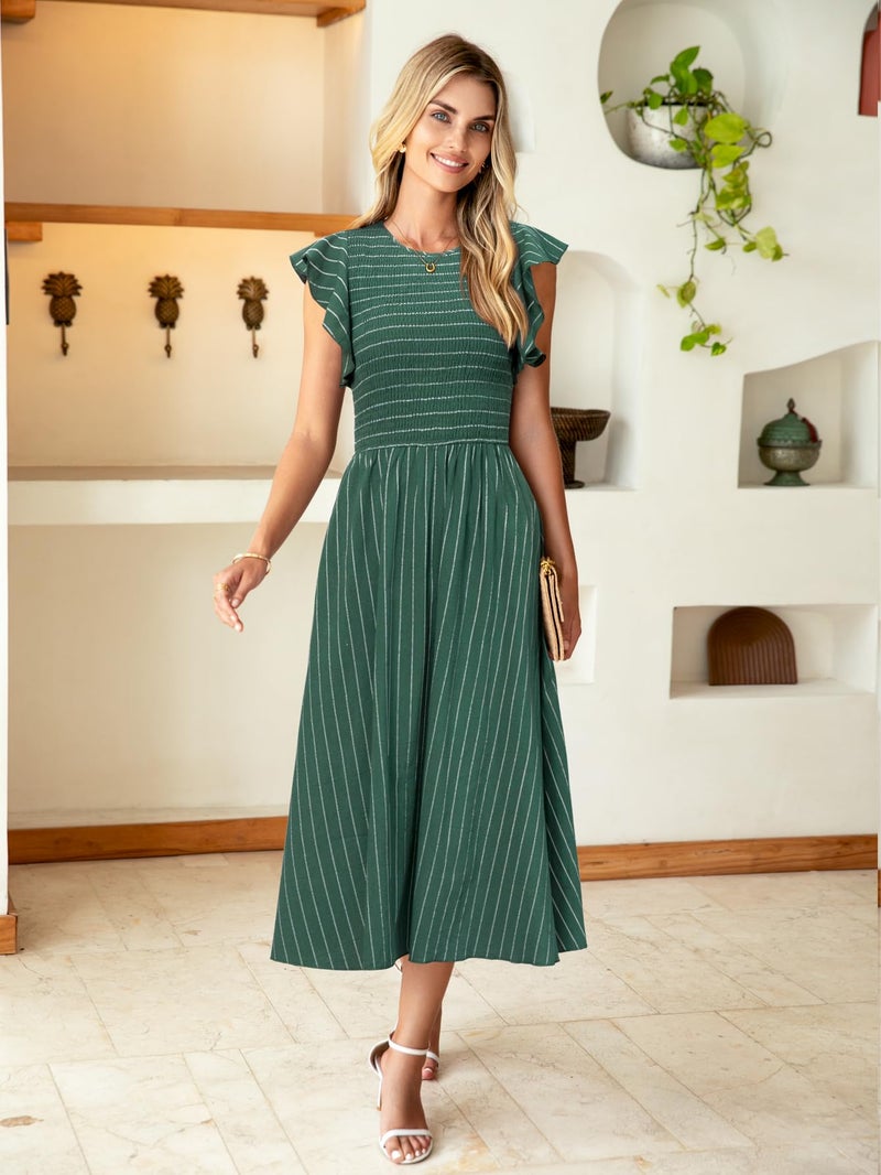 Simplee Apparel Simplee Womens Striped Midi Summer Dress Linen Casual Flutter Short Sleeve Crew Neck Smocked Elastic Waist Tiered Beach Dress(Dark Green S) - Image 4