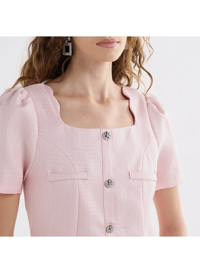 Splash FAV Textured Scallop Hem Mini Dress with Short Sleeves and Square Neck