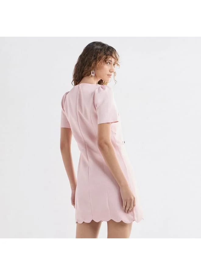 Splash FAV Textured Scallop Hem Mini Dress with Short Sleeves and Square Neck