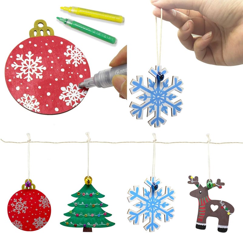 Hidreas 40 Pcs Wooden Ornaments Unfinished Christmas DIY Ornaments Craft Kit, Christmas Wood Ornaments with Bells, Wax Rope and Rhinestone Stickers for Children Arts and Crafts Supplies - Image 4
