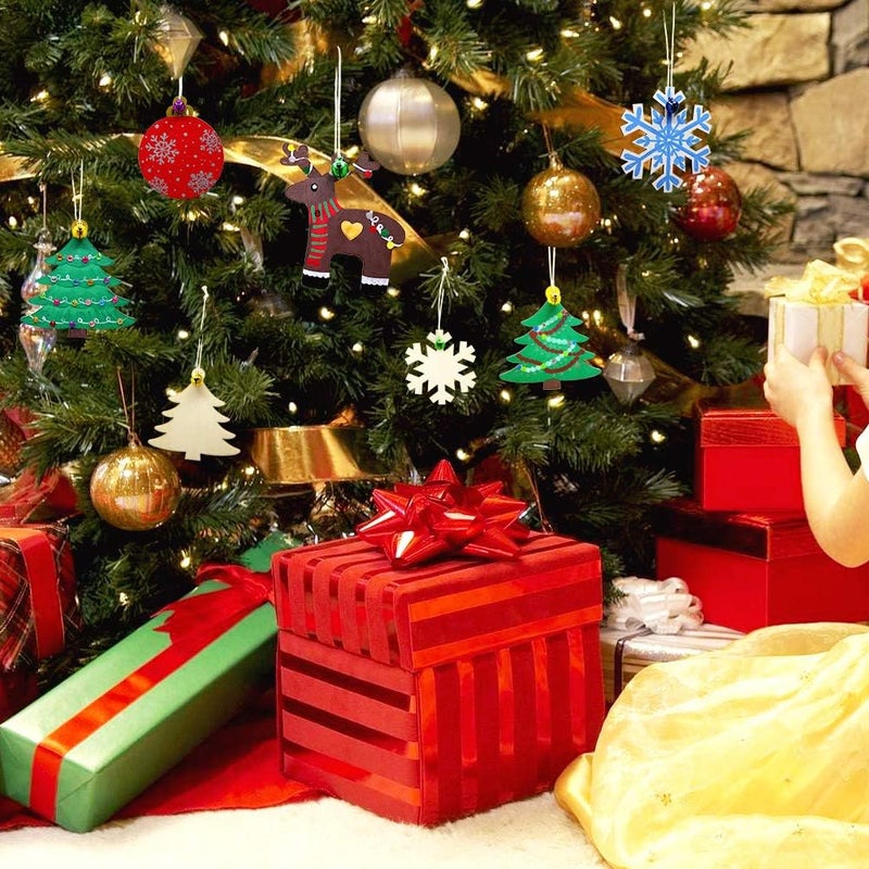Hidreas 40 Pcs Wooden Ornaments Unfinished Christmas DIY Ornaments Craft Kit, Christmas Wood Ornaments with Bells, Wax Rope and Rhinestone Stickers for Children Arts and Crafts Supplies - Image 5
