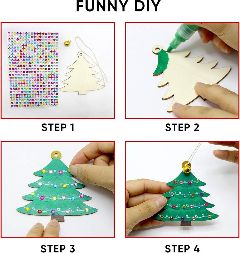 Hidreas 40 Pcs Wooden Ornaments Unfinished Christmas DIY Ornaments Craft Kit, Christmas Wood Ornaments with Bells, Wax Rope and Rhinestone Stickers for Children Arts and Crafts Supplies - Image 3