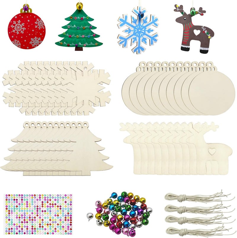 Hidreas 40 Pcs Wooden Ornaments Unfinished Christmas DIY Ornaments Craft Kit, Christmas Wood Ornaments with Bells, Wax Rope and Rhinestone Stickers for Children Arts and Crafts Supplies - Image 1