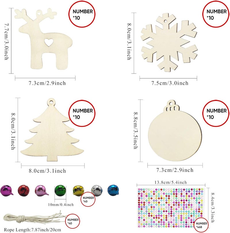 Hidreas 40 Pcs Wooden Ornaments Unfinished Christmas DIY Ornaments Craft Kit, Christmas Wood Ornaments with Bells, Wax Rope and Rhinestone Stickers for Children Arts and Crafts Supplies - Image 2
