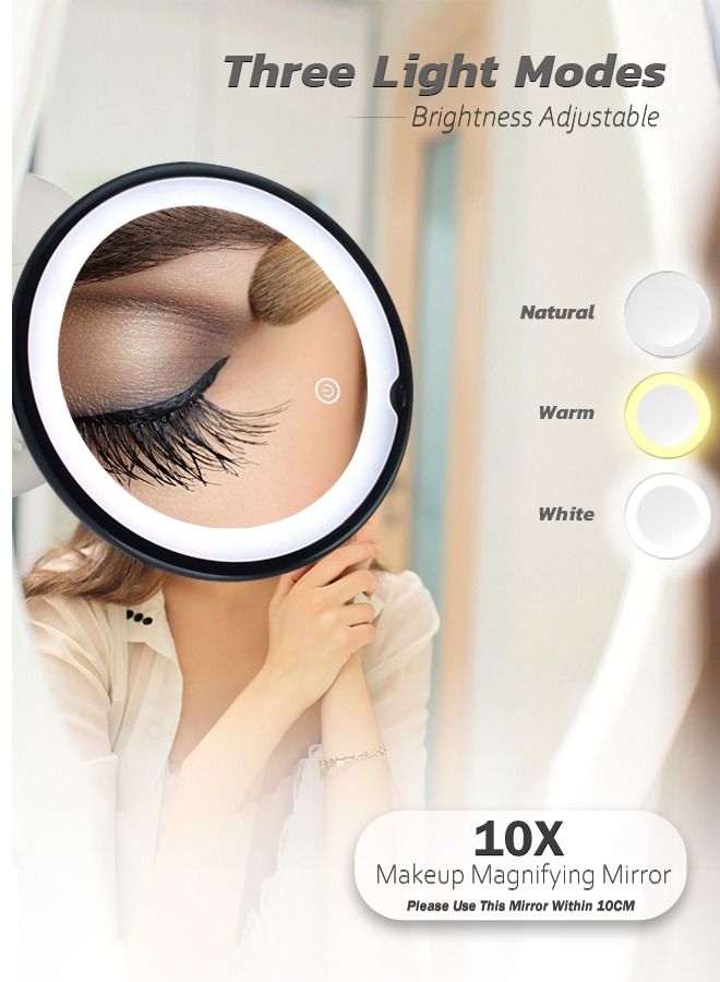 مرآة مكبرة مقاس 8 بوصات مع إضاءة ، ومكبرة 10 أضعاف ، ومرآة مكياج بثلاث أوضاع للضوء مع أكواب شفط ، وتثبيت سلس وسهل ، ومفصل دوار 360 درجة. - Image 2