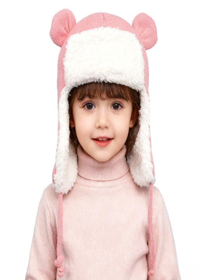 PURFUN Toddlers Kids Cozy Knitted Beanie with Lovely Bear Ear, Baby Girls Boys Warm Soft Fleece Lining Earflap Hats Windproof Thermal Full Hood Trapper Hats Skull Caps for 1-4 Yrs Pink - Image 1