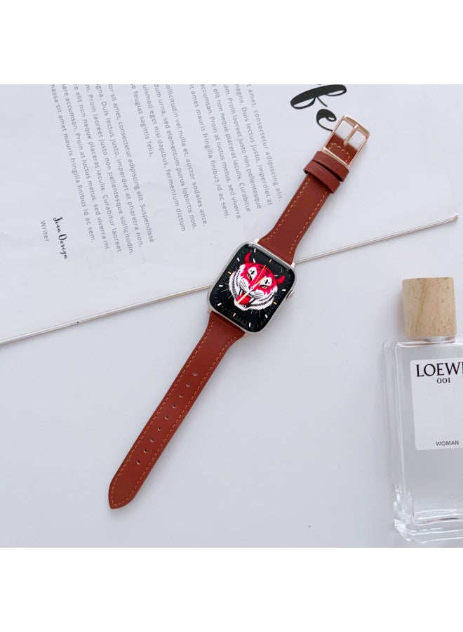 For Apple Applewatch Strap Ultra Leather Wristband Iwatchs8/7/6/5/4/se Day Buckle-Color:iWatch 1/2/3/38mm/Brown (silver Buckle)-Exterior Dimension:Below Article 20 - Image 1