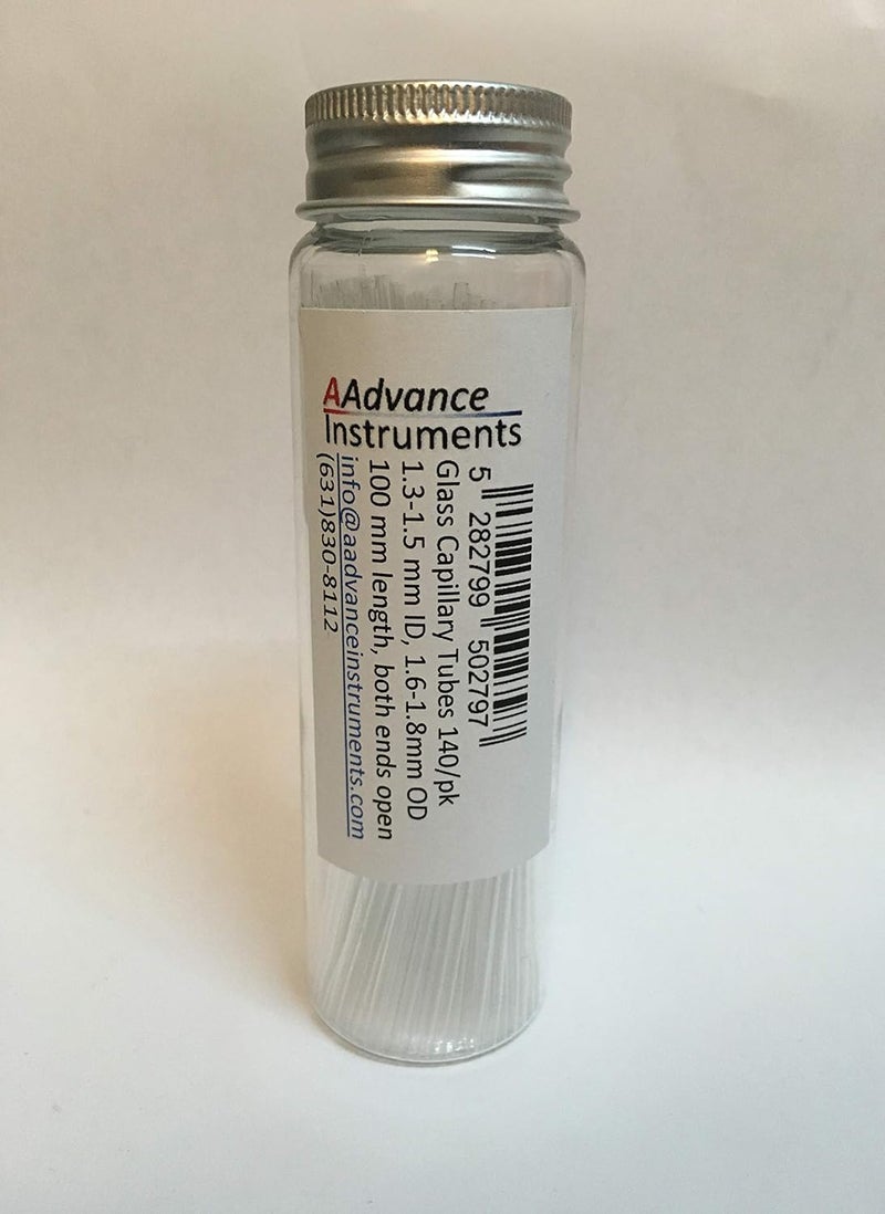 AAdvance Instruments أنابيب شعرية كبيرة 100 مم × 1.3-1.5 مم قطر داخلي 1.6-1.8 مم قطر خارجي 140/عبوة مايكرو بيبتات زجاجية مفتوحة من كلا الطرفين - Image 1