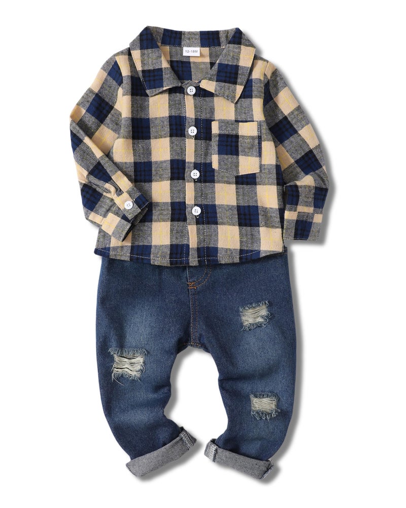 SODLON 18 Months Boy Clothes Toddler 24 Month Boy Clothes Winter Clothing Denim Pants Apricot Plaid Baby Flannel Shirt 2T Boys Clothes Fall Jeans Outfit Set