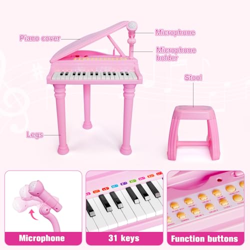 Love&Mini Piano Keyboard Toys for Girls - 31 Keys Kids Toy Piano with Microphone and Stool for Toddler Music Toy for 3+ Years Old Girls Birthday Gift - Image 4