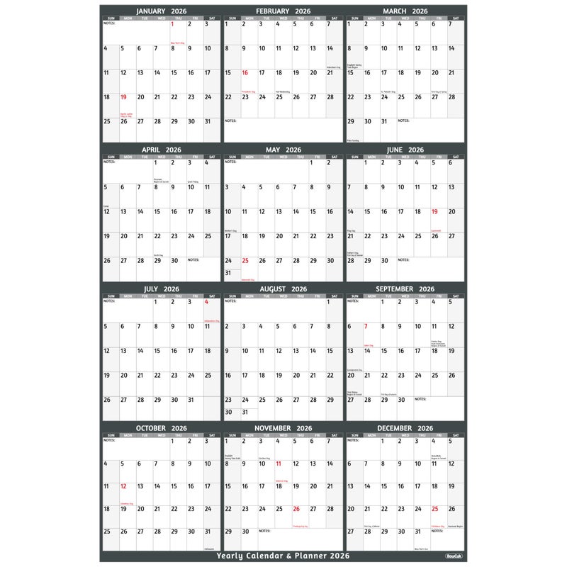 BowCuk Yearly Wall Calendar 2026 - Large Yearly Calendar 2026 Vetical, Jan 2026 - Dec 2026, 25.2" x 38.2" (Open), 2026 Calendar, Large Wall Calendar 2026, Full Year Paper with Notes, Thicker Paper - Image 1