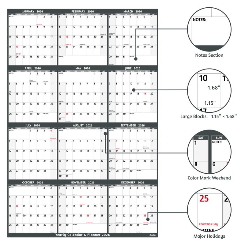 BowCuk Yearly Wall Calendar 2026 - Large Yearly Calendar 2026 Vetical, Jan 2026 - Dec 2026, 25.2" x 38.2" (Open), 2026 Calendar, Large Wall Calendar 2026, Full Year Paper with Notes, Thicker Paper - Image 3
