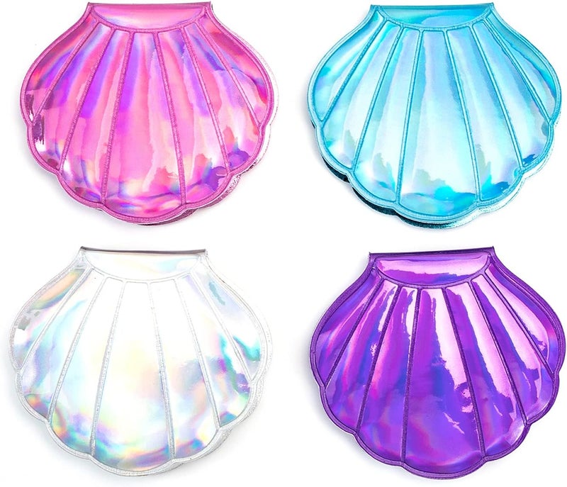 AUEAR AUEAR, 4 Pack Glitter Shell Mirror Double-Sided Magnification Makeup Mini Portable Foldable Handheld Compact for Purse Handbag Pocket Women Colors 
