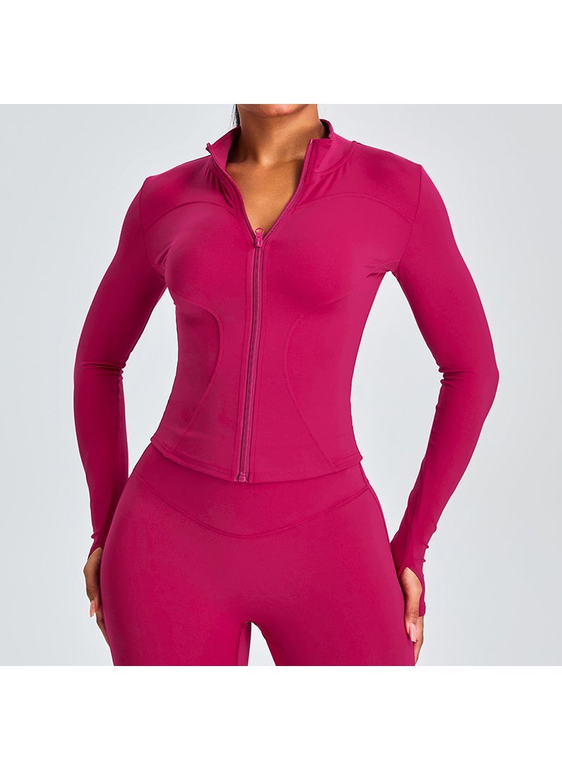 Generic Quick-Dry Fitness Clothes Womens Slim-Fit Sports Top High Elastic Zipper Yoga Clothes Long Sleeve Collar Yoga Jacket Wildberry color (new color) 