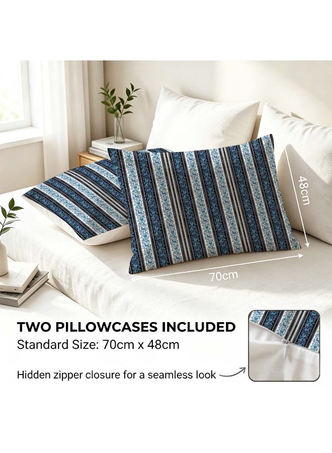 3-Piece Microfiber Duvet Cover Set, Bohemian Paisley Striped Bedding with 2 Pillowcases, Blue Floral Pattern - Image 4
