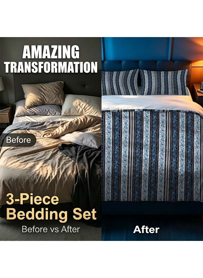 3-Piece Microfiber Duvet Cover Set, Bohemian Paisley Striped Bedding with 2 Pillowcases, Blue Floral Pattern - Image 1