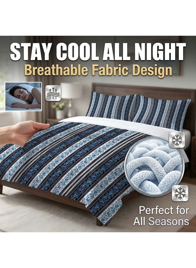 3-Piece Microfiber Duvet Cover Set, Bohemian Paisley Striped Bedding with 2 Pillowcases, Blue Floral Pattern - Image 2