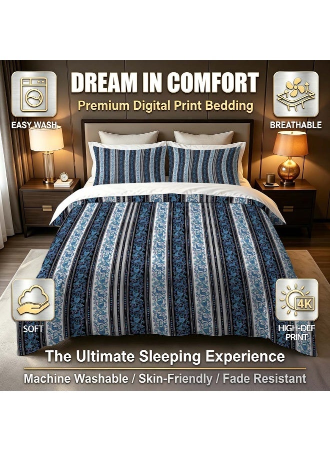 3-Piece Microfiber Duvet Cover Set, Bohemian Paisley Striped Bedding with 2 Pillowcases, Blue Floral Pattern - Image 3