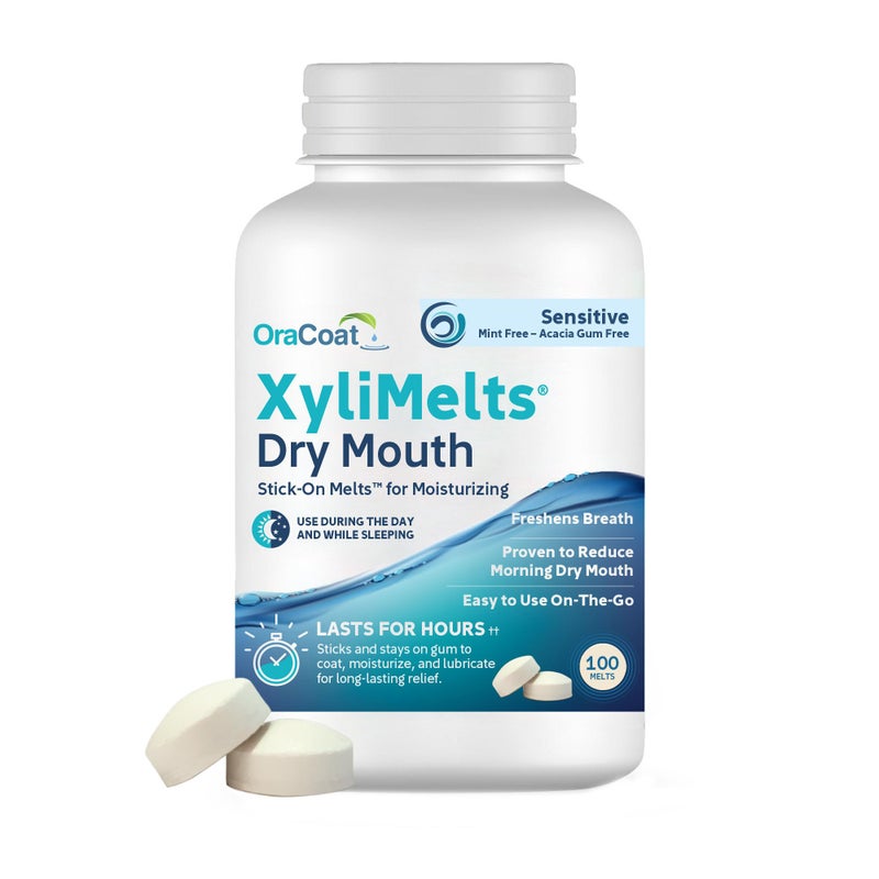 OraCoat XyliMelts Dry Mouth Relief Stick-On-Melts for Sensitive Mouths, Mint-Free and Acacia Gum-Free with Xylitol, 100 Count, Non-Acidic, Day & Night User, Long Lasting 8-Hour Moisturizing Relief - Image 1