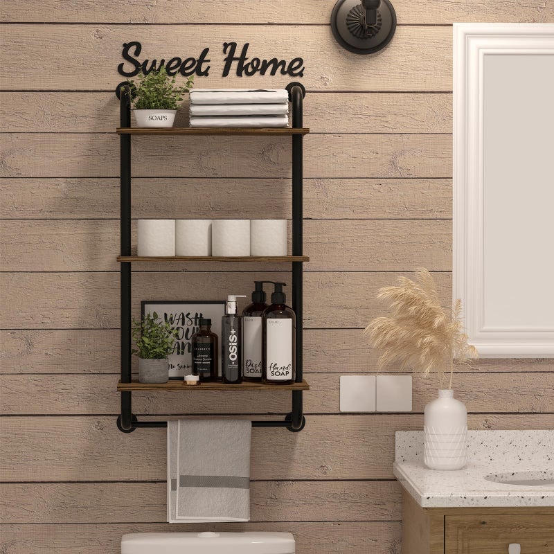 Tinpin Bathroom Shelves Wall Mounted, 3-Tier Rustic Wood Wall Shelf, 17.3 inch Industrial Pipe Floating Shelf for Bathroom,Kitchen,Bedroom,Living Room,Brown - Image 2
