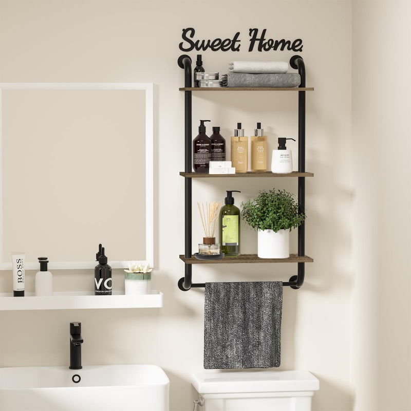 Tinpin Bathroom Shelves Wall Mounted, 3-Tier Rustic Wood Wall Shelf, 17.3 inch Industrial Pipe Floating Shelf for Bathroom,Kitchen,Bedroom,Living Room,Brown - Image 4