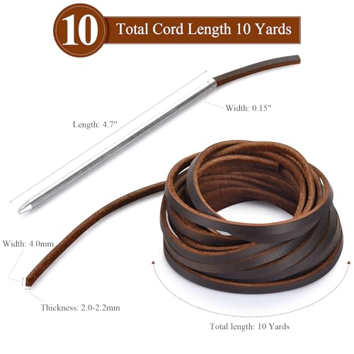 TeeLiy 10 Yards Flat Genuine Leather Laces, Leather Strips Cord, Full Grain Cowhide Straps String for Braided, Braiding, Shoes, Jewelry Making and Craft (4MM_Dark Brown_1 Lacing Needle) - Image 2