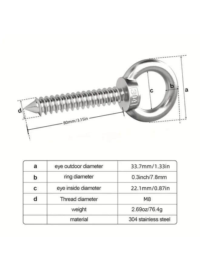 4pcs Silvery M8x80 Heavy Duty Stainless Steel Eye Bolts Rust Resistant for Hammocks - Image 3