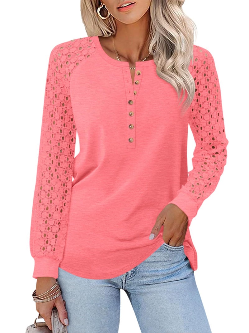 Minetom Women's Lace Long Sleeve Tops Henley Shirts Casual Blouses T Shirts Fall Clothes Coral - Image 1