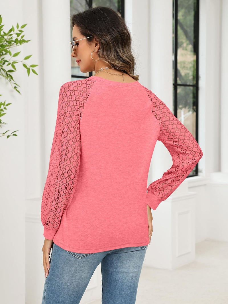 Minetom Women's Lace Long Sleeve Tops Henley Shirts Casual Blouses T Shirts Fall Clothes Coral - Image 5