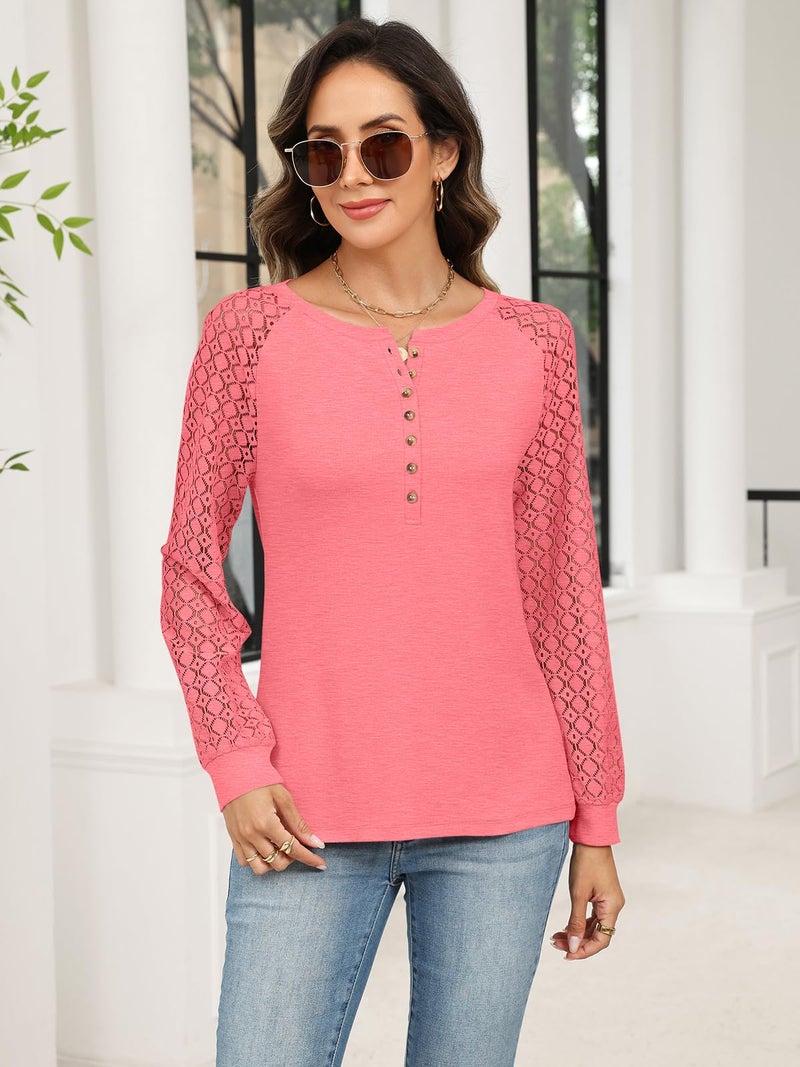 Minetom Women's Lace Long Sleeve Tops Henley Shirts Casual Blouses T Shirts Fall Clothes Coral - Image 2