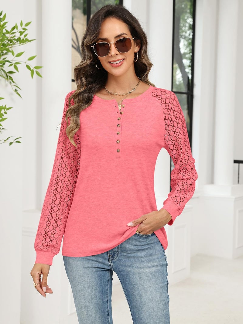 Minetom Women's Lace Long Sleeve Tops Henley Shirts Casual Blouses T Shirts Fall Clothes Coral - Image 3
