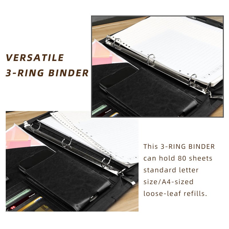 WRIYES Zippered Portfolio Organizer, WRIYES Leather Padfolio with 3 Ring Binder, Professional Business Binder, Organizer for IPad/Document, Phone & Business Cards, Office Gifts for Men or Women (Black) - Image 4