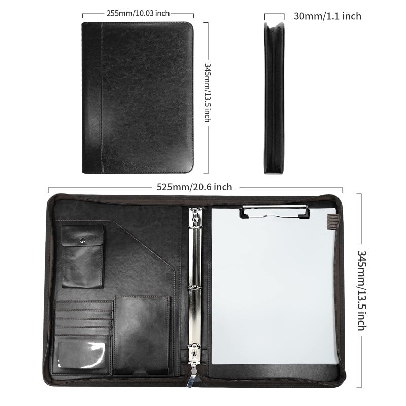 WRIYES Zippered Portfolio Organizer, WRIYES Leather Padfolio with 3 Ring Binder, Professional Business Binder, Organizer for IPad/Document, Phone & Business Cards, Office Gifts for Men or Women (Black) - Image 5