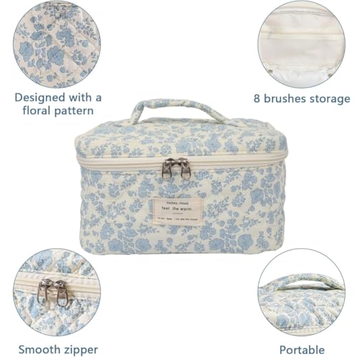 Sprqcart Makeup Bag Set for Women Cotton Quilted Cosmetic Pouch with Zipper- Medium Floral Toiletry Organizer Travel Kit for Skincare Hair Accessories | Pack of 1, Blue & White - Image 4