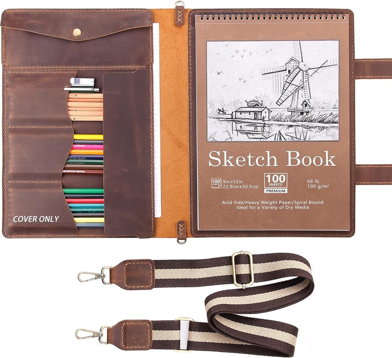 Robrasim Robrasim Handmade Leather Sketchbook Cover Artist Sketch Pad Holder for 9X12 Top Spiral Bound Sketchbook Drawing Book Pencil Case Journal Portfolio with Shoulder Strap Artist GiftsBrown - Image 1