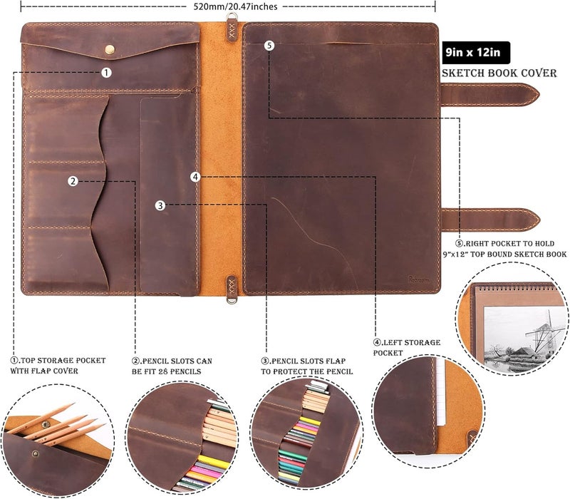 Robrasim Robrasim Handmade Leather Sketchbook Cover Artist Sketch Pad Holder for 9X12 Top Spiral Bound Sketchbook Drawing Book Pencil Case Journal Portfolio with Shoulder Strap Artist GiftsBrown - Image 2