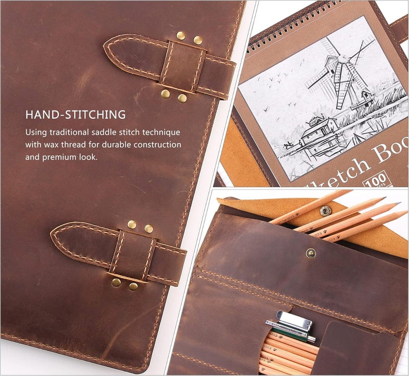Robrasim Robrasim Handmade Leather Sketchbook Cover Artist Sketch Pad Holder for 9X12 Top Spiral Bound Sketchbook Drawing Book Pencil Case Journal Portfolio with Shoulder Strap Artist GiftsBrown - Image 4